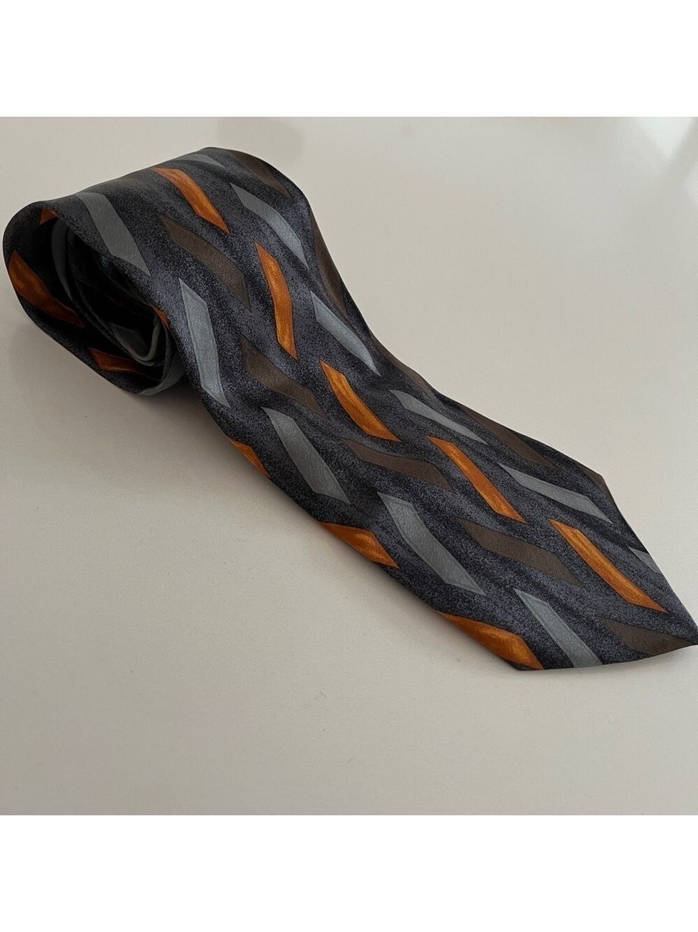 BOSS 100% Silk Tie Made Italy Geometric Pattern Orange Grey Business Event